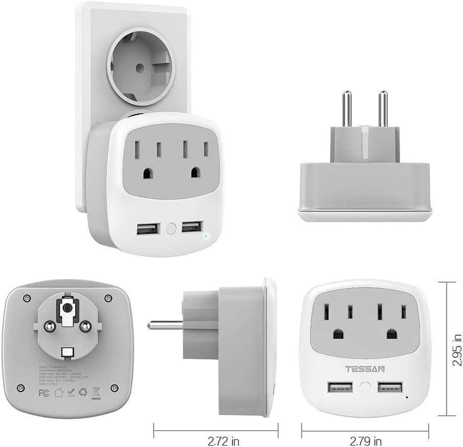 Germany France Power Adapter, Schuko Type E/F Plug Adaptor with 2 USB Ports 2 AC Outlets, US to Europe German Frence Spain Iceland Russia Greece Korea Electrical Charger(2 Pack)